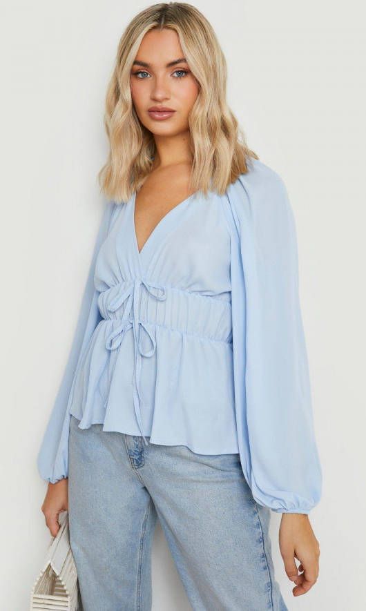 boohoo Chiffon Blouse Met Laagjes En Strik, Baby Blue