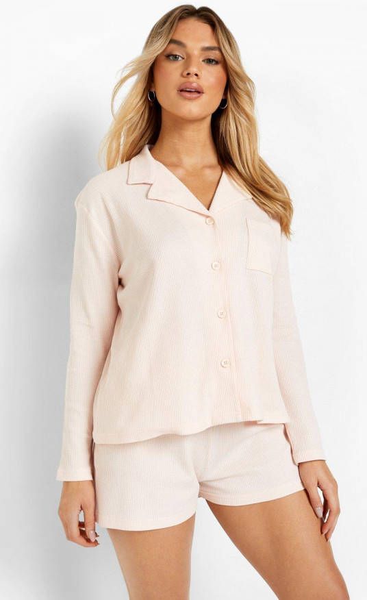 boohoo Mix & Match Dik Wafel Gebreid Overhemd, Baby Pink