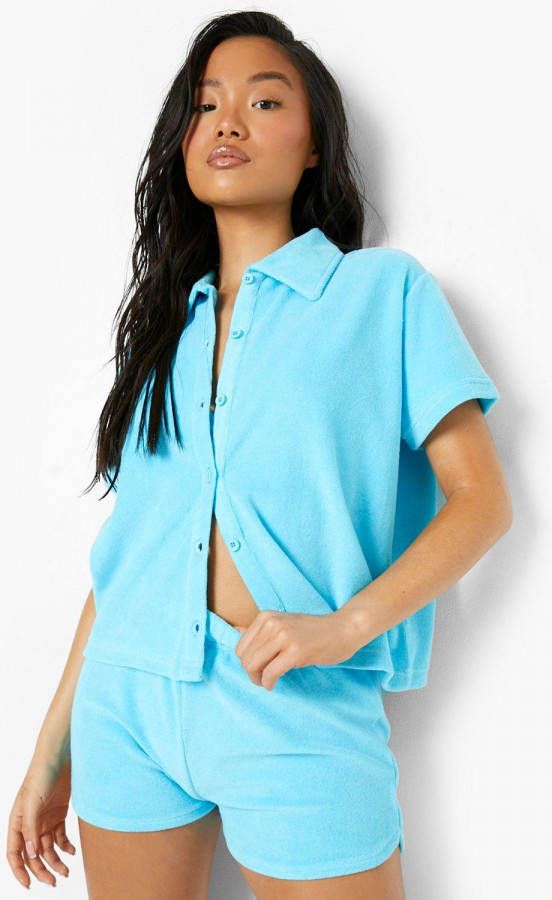 boohoo Petite Oversized Badstoffen Blouse, Baby Blue