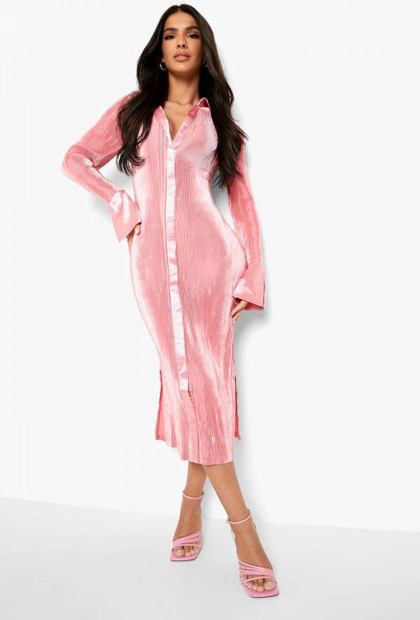 boohoo Plisse Midaxi Blouse Jurk Met Zijsplit, Baby Pink
