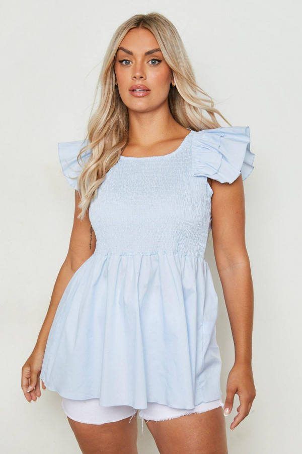 boohoo Plus Geplooide Peplum Top, Baby Blue