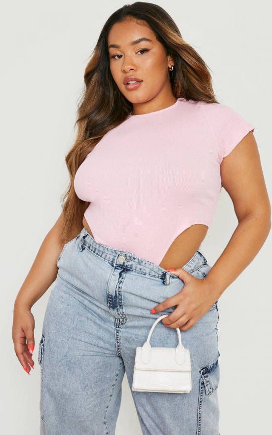 boohoo Plus Geribbelde One Piece Met Vierkante Hals En Korte Mouwen, Baby Pink