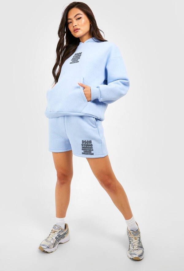 boohoo Popcorn Trainingspak Met Capuchon, Rugopdruk En Shorts, Baby Blue