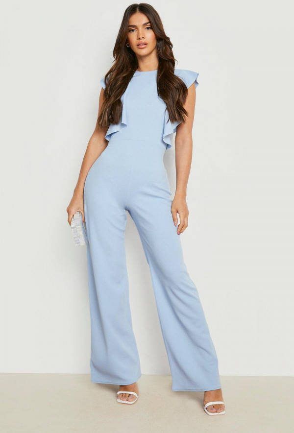 boohoo Wide Leg Jumpsuit Met Geplooide Mouwen, Baby Blue