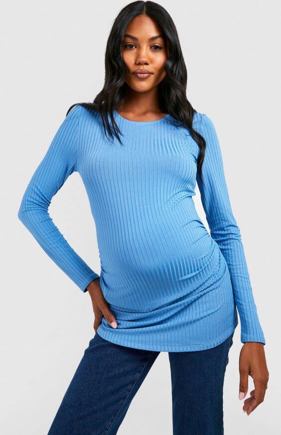 boohoo Zwangerschap Geribbelde Top Met Lage Ronde Hals En Lange Mouwen, Baby Blue