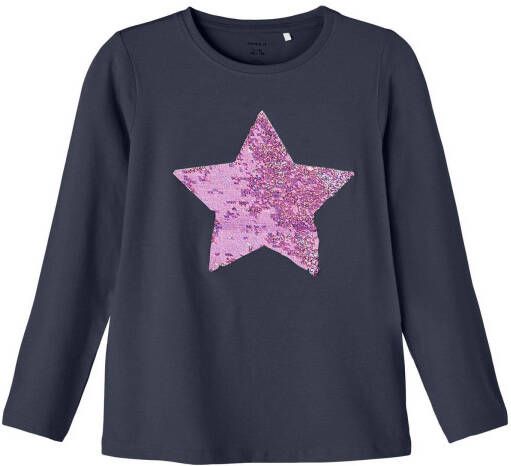 NAME IT KIDS longsleeve NKFTILASTAR met printopdruk en pailletten donkerblauw